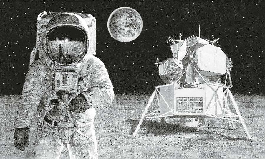 A man on the moon communicates with people on the earth