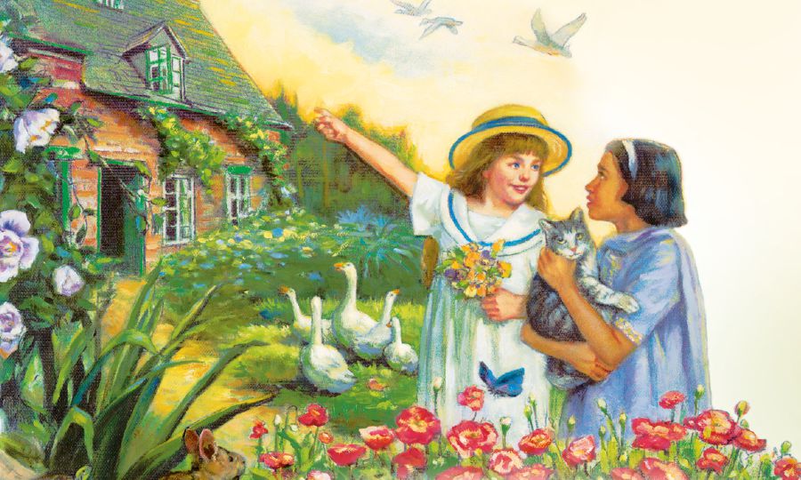 Two girls play near a house in a garden with flowers, trees, and animals