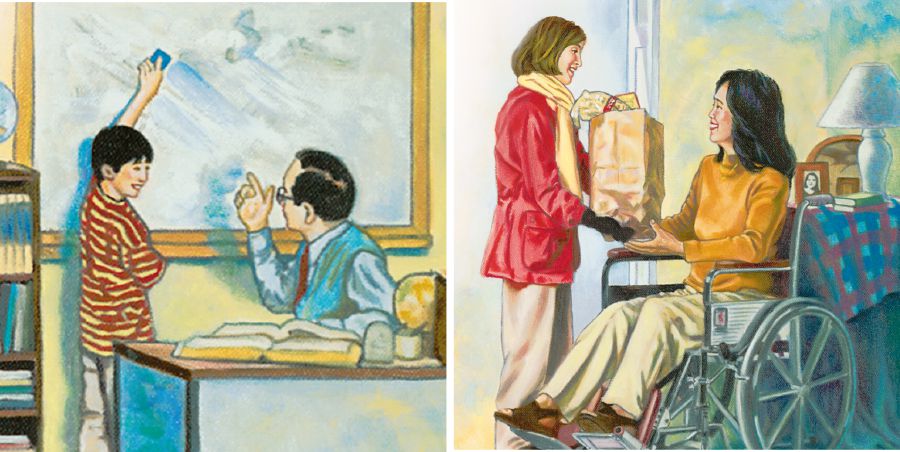 A boy cleans the blackboard for his teacher; a girl brings groceries to a woman in a wheelchair
