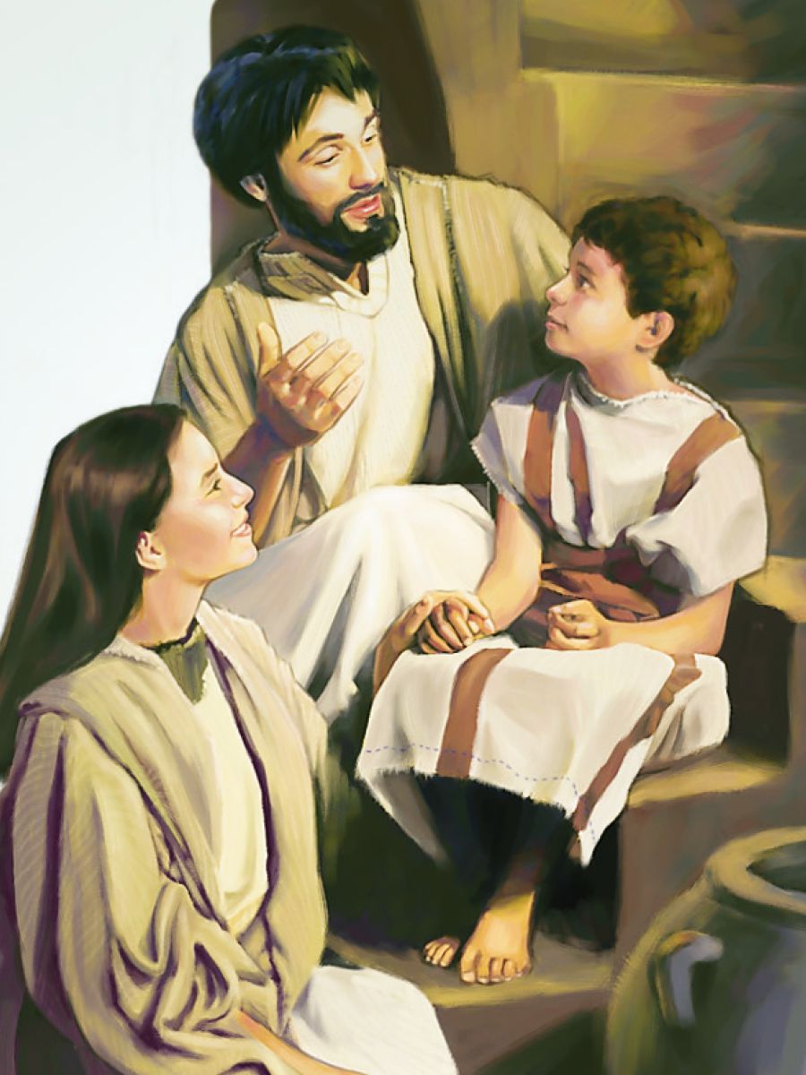 Mary and Joseph talk to their young son, Jesus