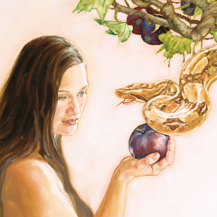 Eve holds the forbidden fruit and the serpent speaks to her