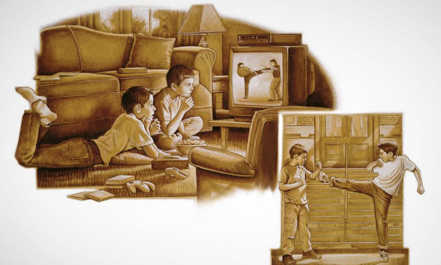 Two boys watch a violent television show and then reenact it