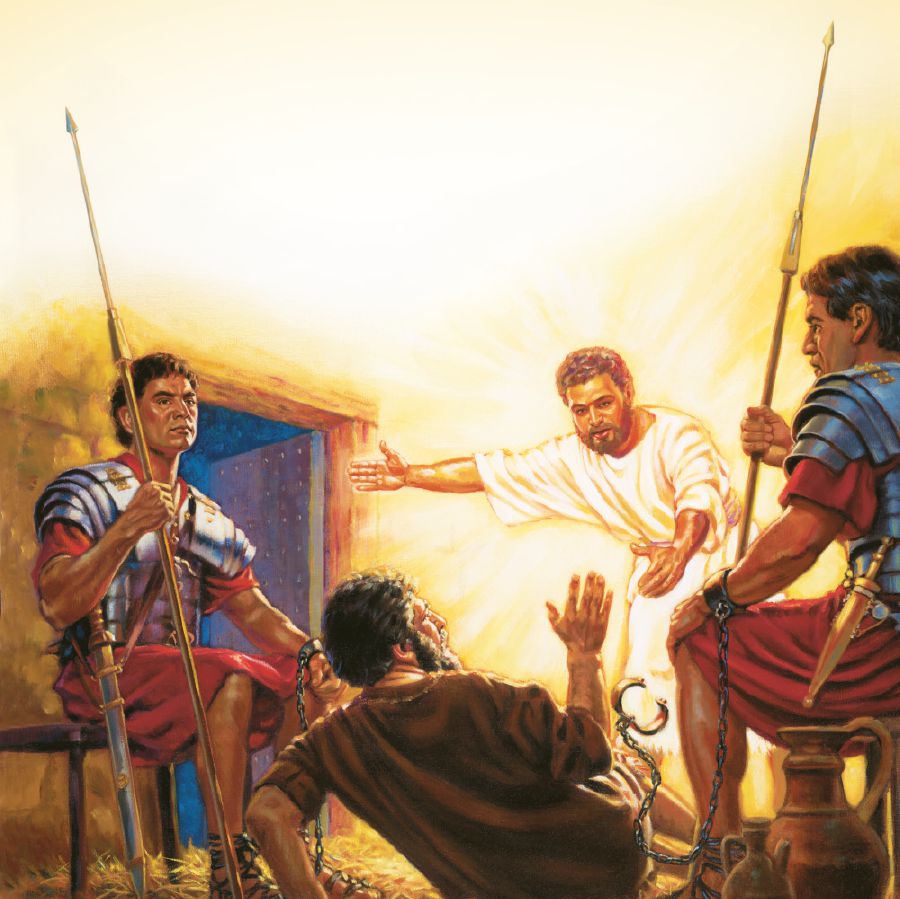 Peter is between two soldiers, an angel wakes him, and the chains fall off his hands