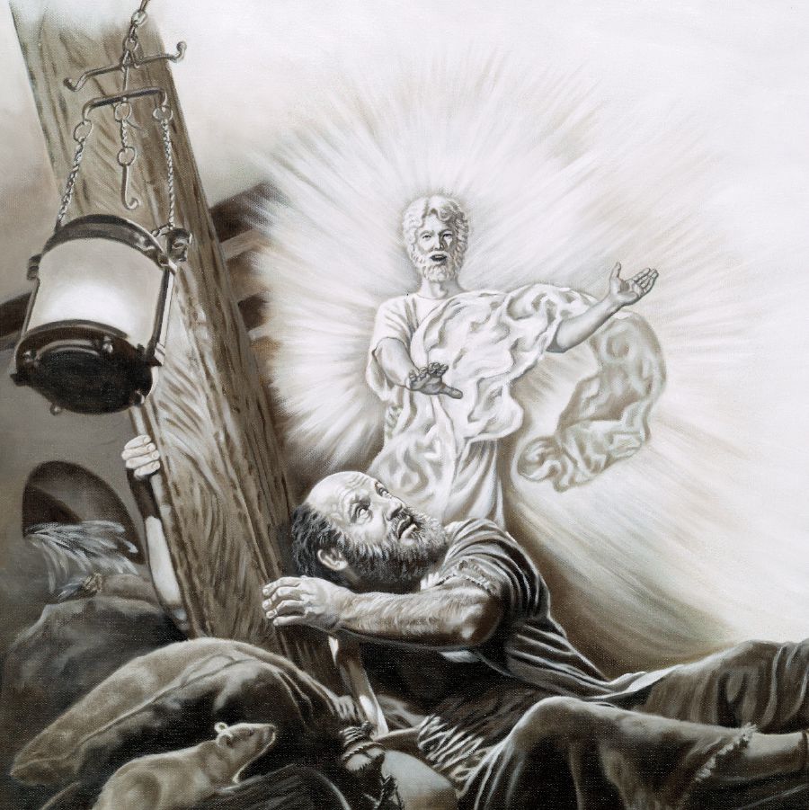 An angel appears to Paul on a boat during a storm
