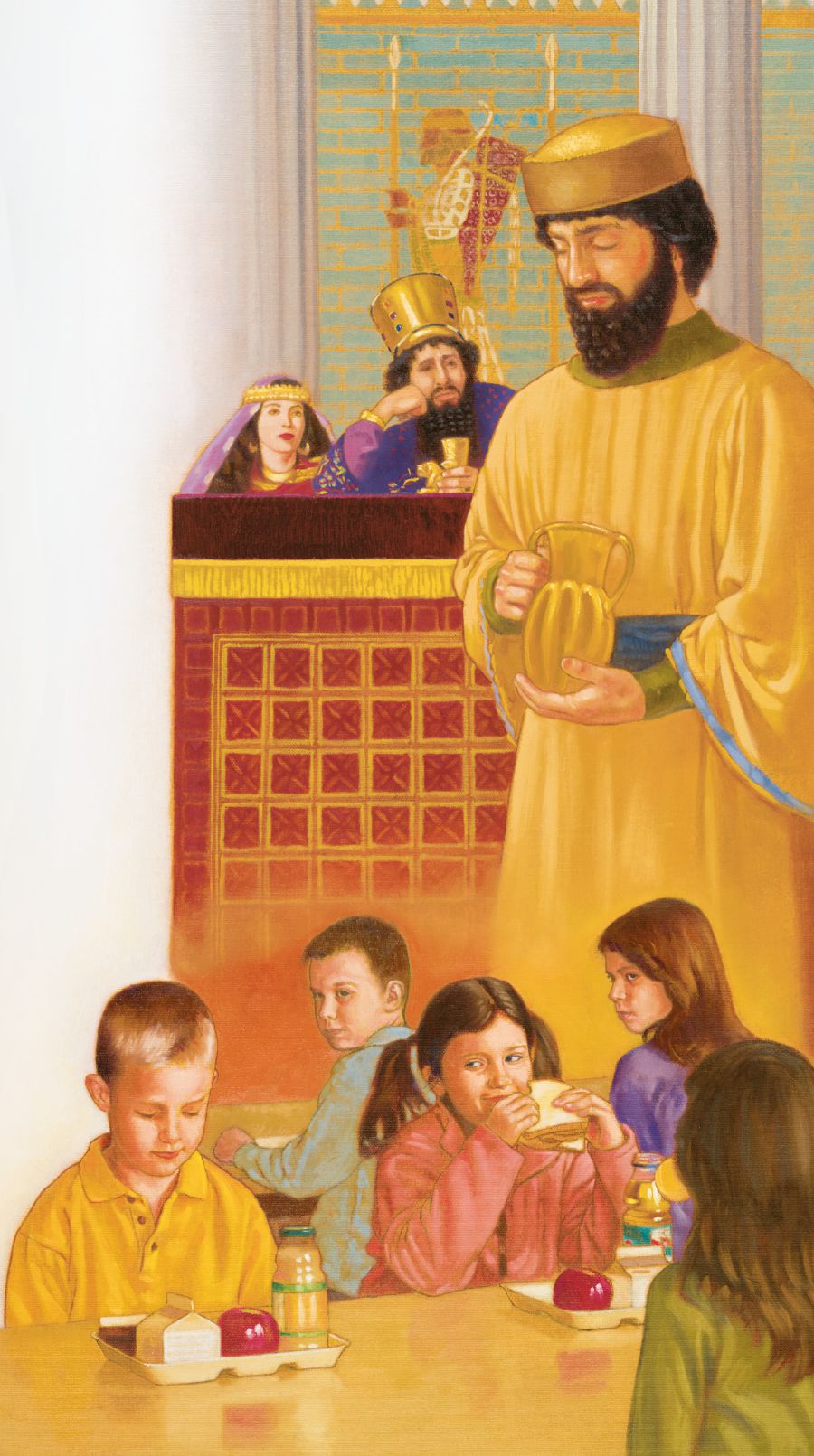 Nehemiah prays silently; a boy prays silently before eating lunch at school