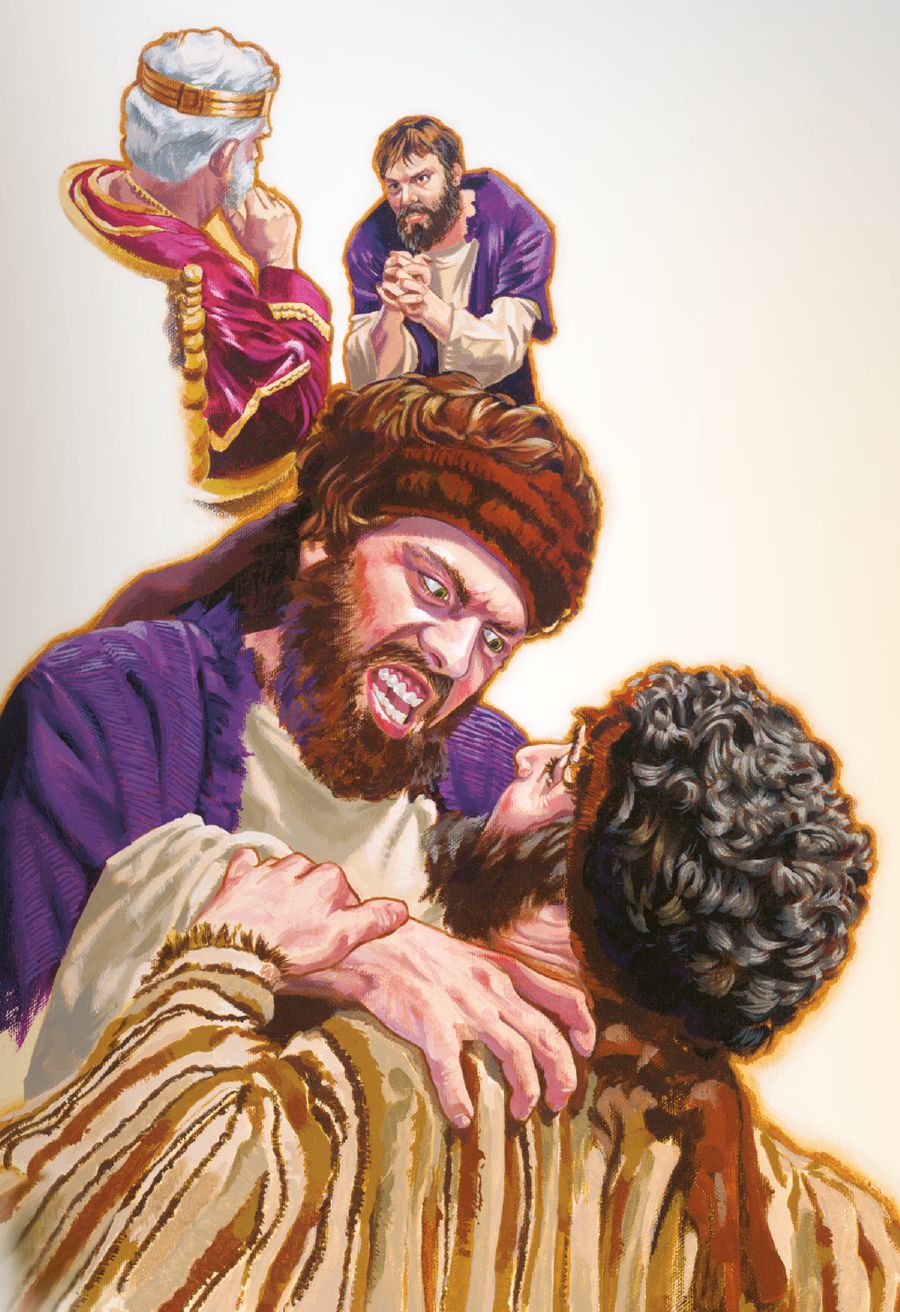 A slave begs the king for more time to pay, but later grabs and begins to choke a fellow slave
