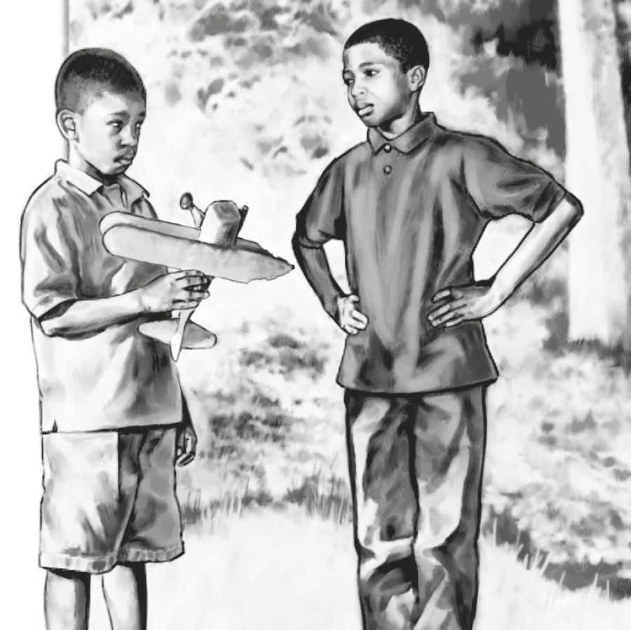 One boy asks another boy for forgiveness after breaking his toy airplane