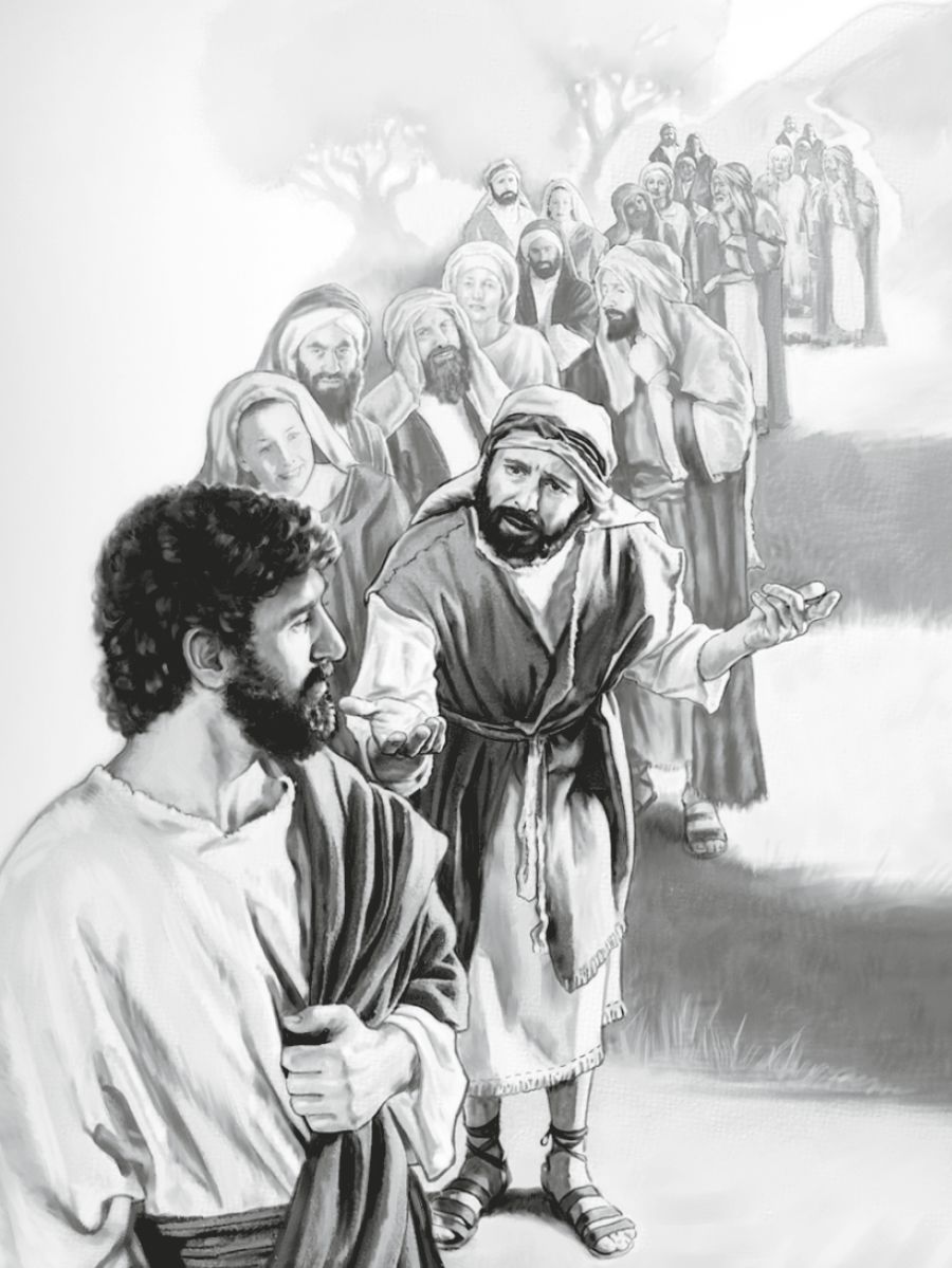A man talks to Jesus and other people listen