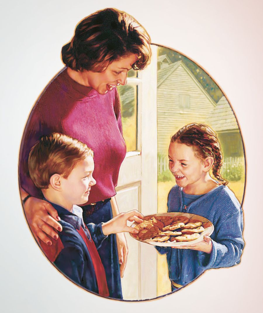 A girl gives a boy and his mother some cookies