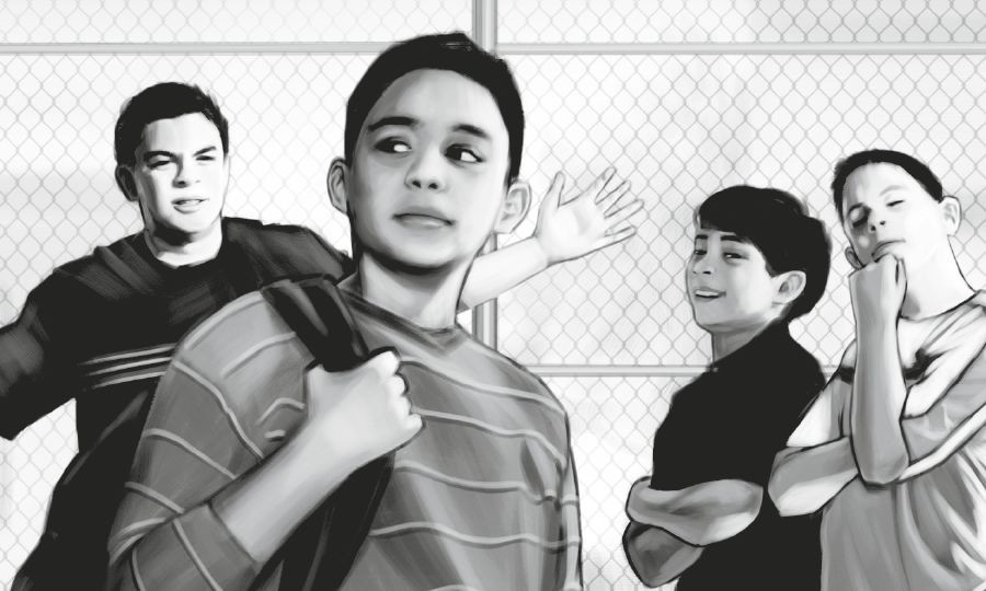 A boy walks away when other boys try to pick a fight with him