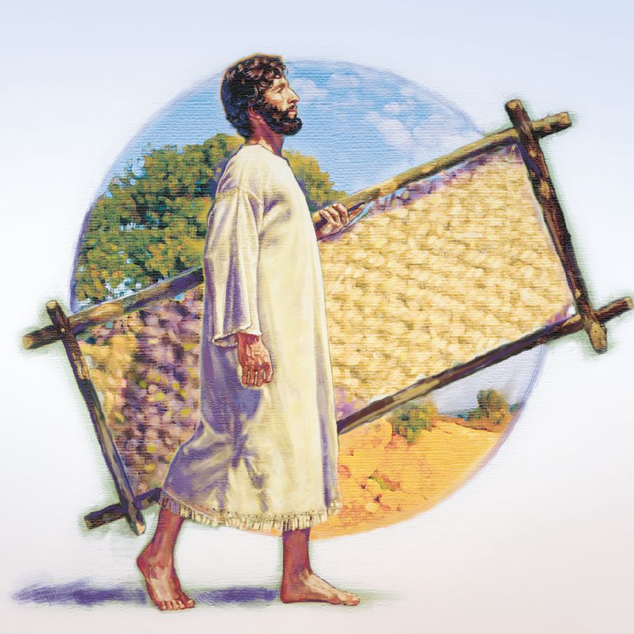 A man healed by Jesus picks up his cot and walks