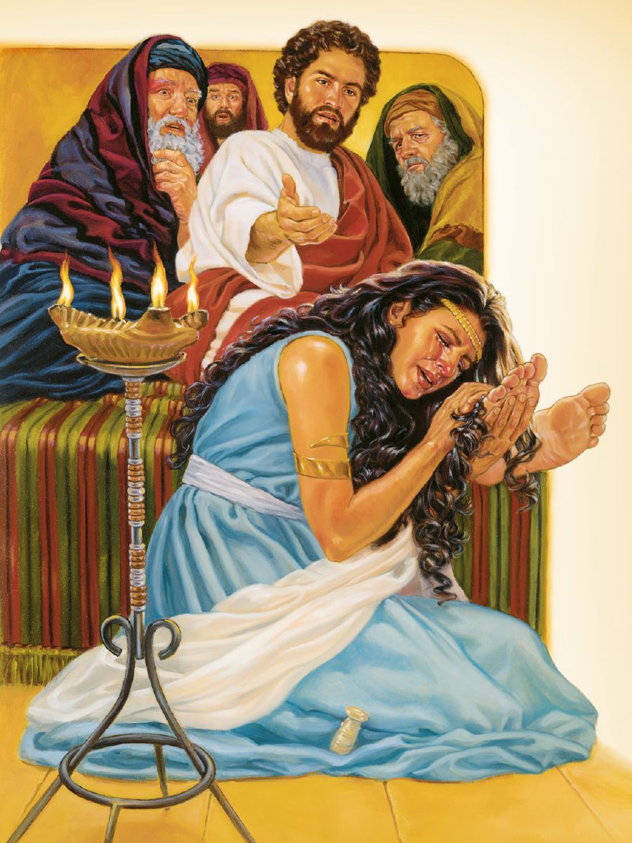 Jesus forgives a woman’s sins after she pours oil on his feet and wipes her tears from his feet with her hair