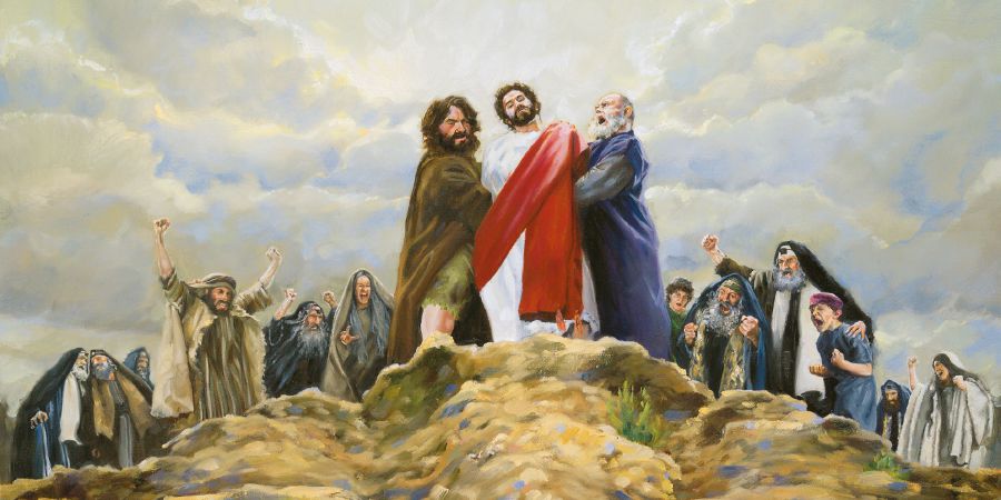 Men hold Jesus at the edge of a mountain, ready to throw him over the cliff and kill him