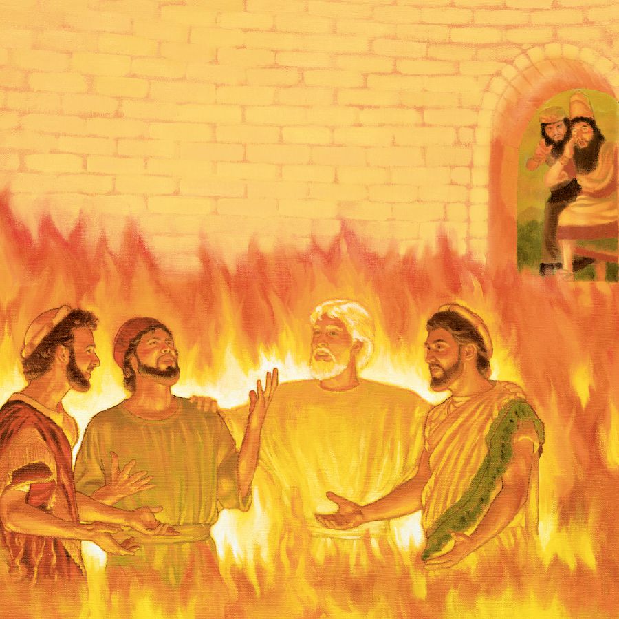 Jehovah’s angel protects Shadrach, Meshach, and Abednego in the fiery furnace