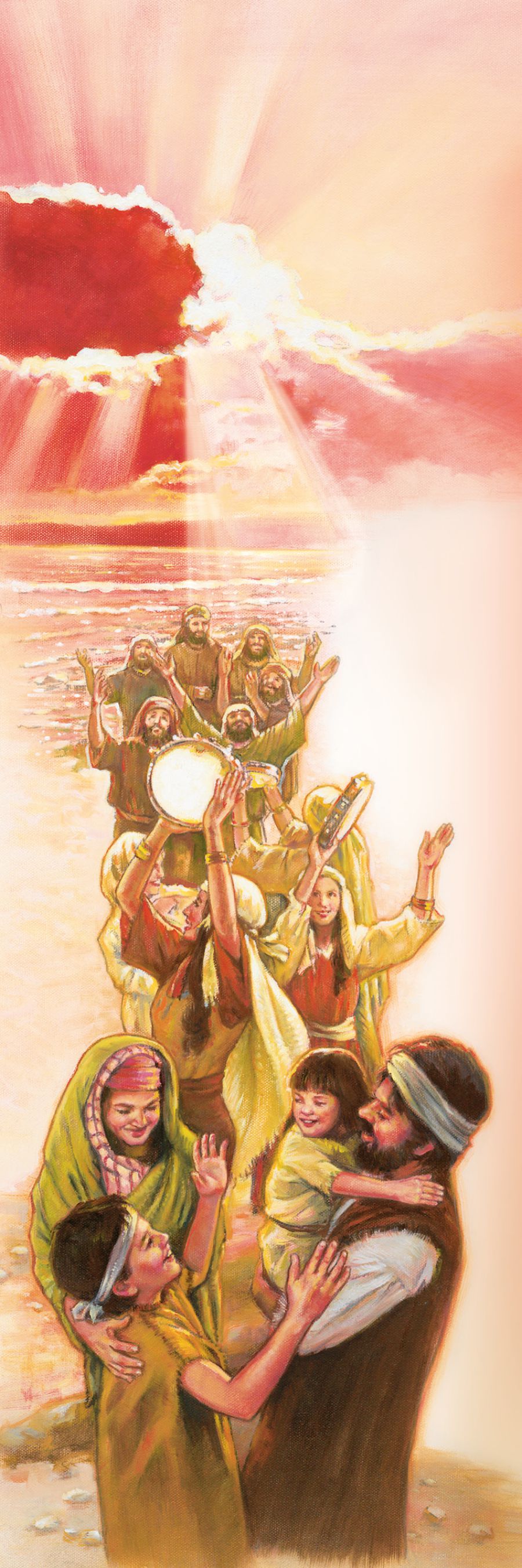 The Israelites sing, dance, and give thanks to Jehovah after passing through the Red Sea