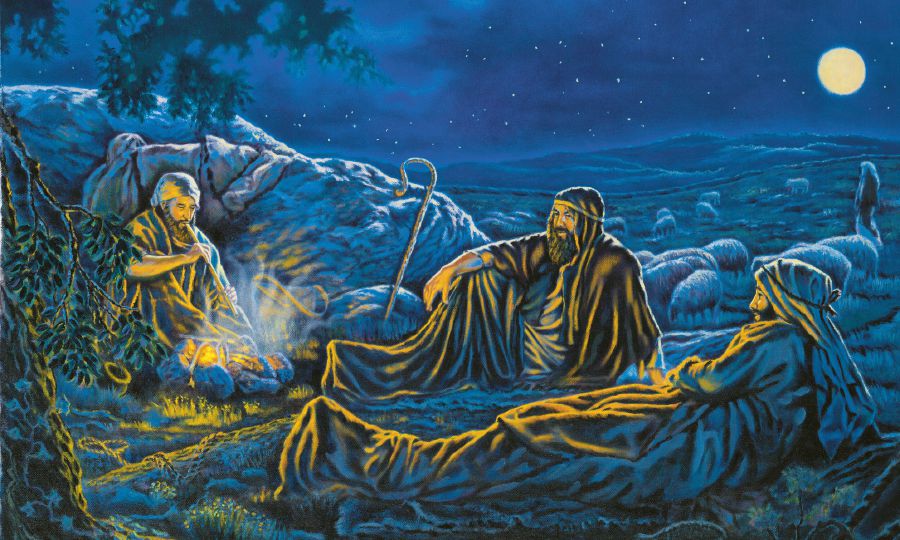 Shepherds in a field at night