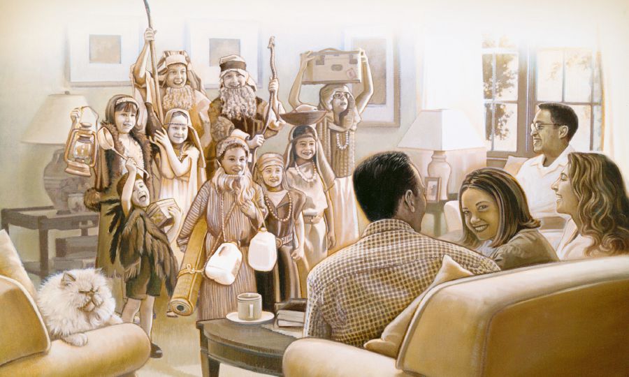 Boys and girls present a Bible drama at a party