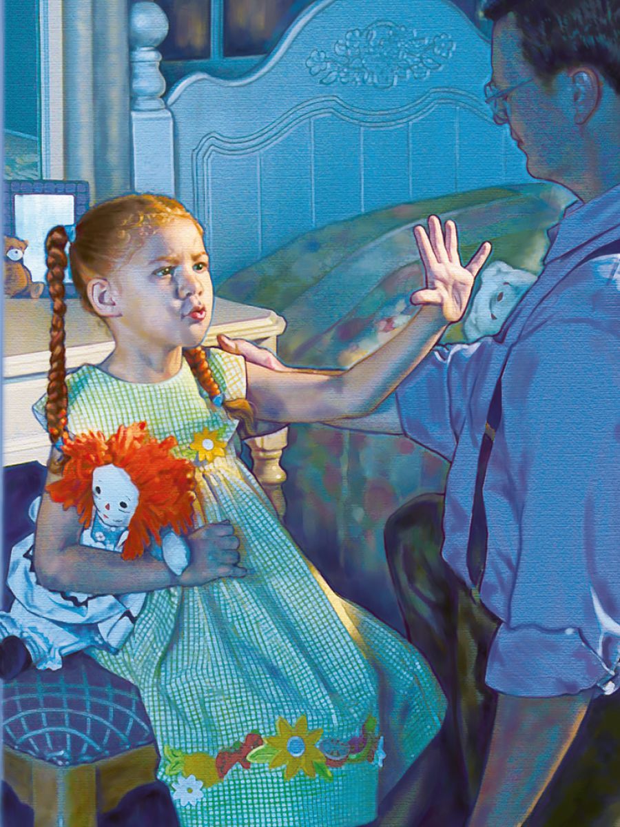 A girl holds her hand up to stop a man from touching her inappropriately