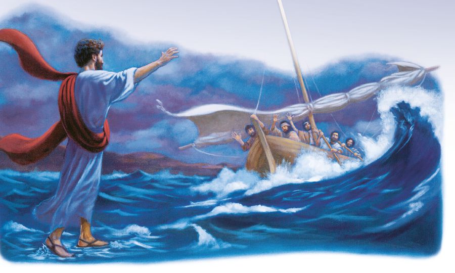 Jesus walks on water toward his disciples in a boat