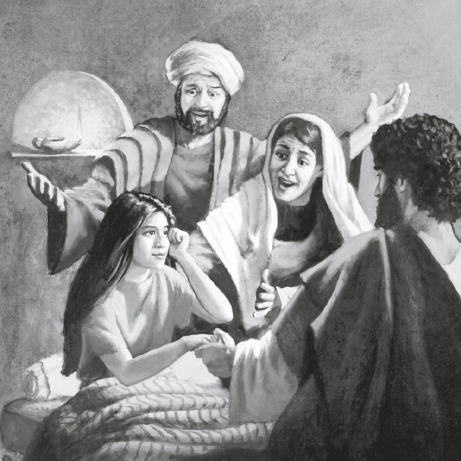 Jesus resurrects Jairus’ daughter, and her parents are filled with joy