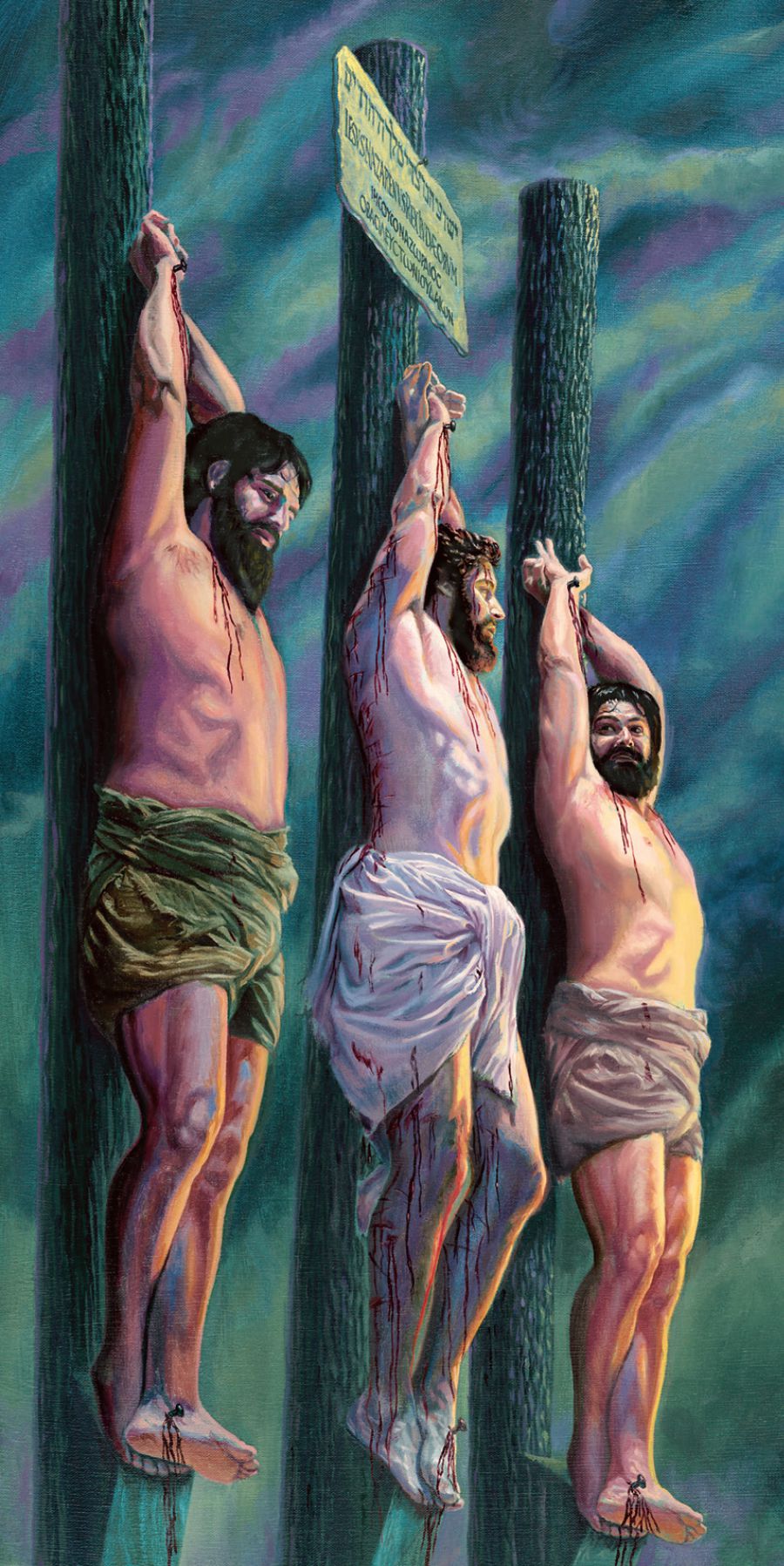 Jesus on a torture stake, between two criminals