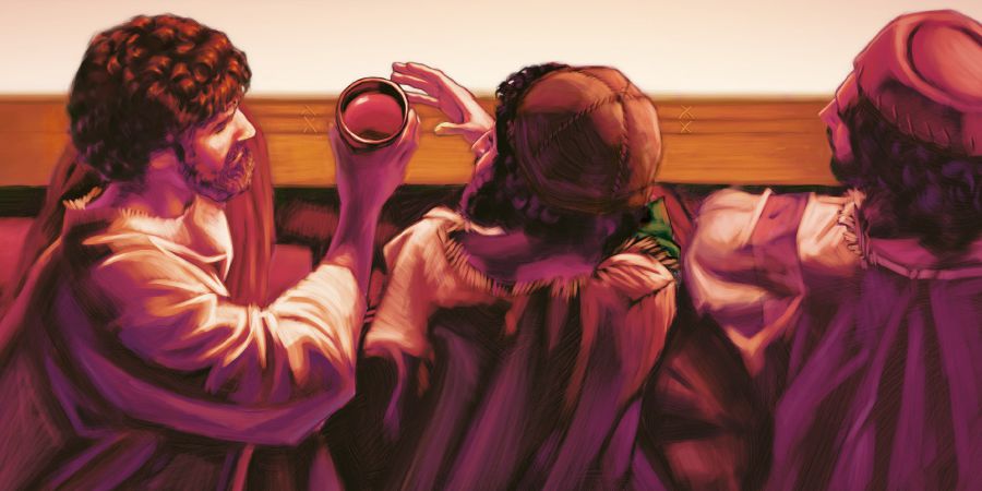 Jesus passes red wine to his apostles