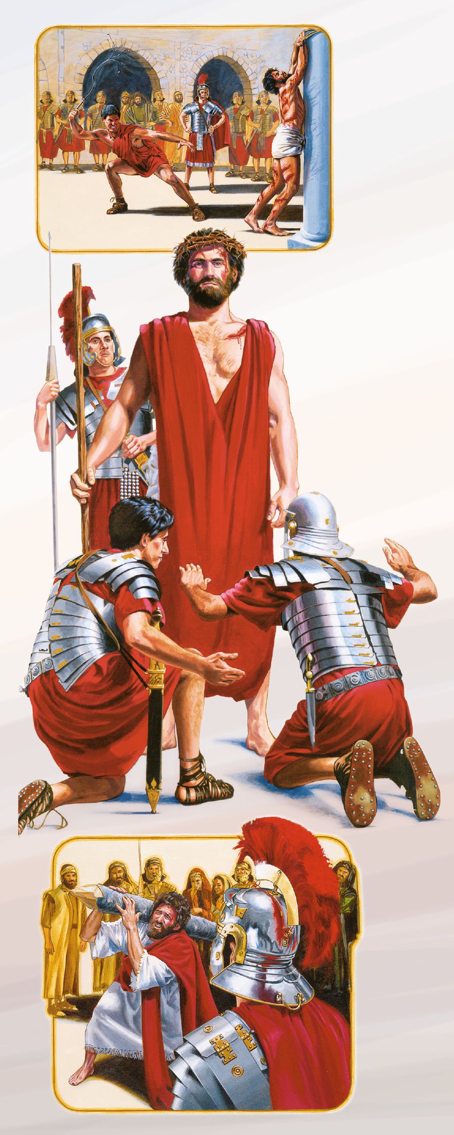Jesus is whipped, mocked by soldiers, and forced to carry his torture stake