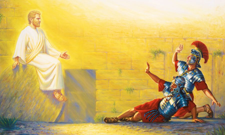 The guards are frightened when an angel shows them Jesus’ empty tomb