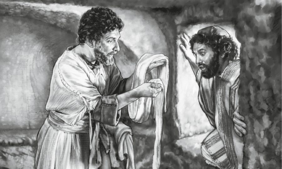 Peter and John look at the linen cloths that Jesus’ body was wrapped in