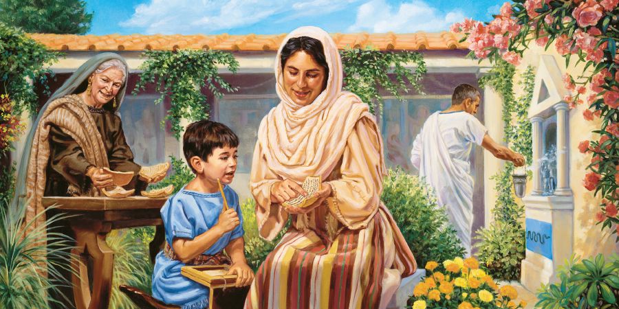 Eunice teaches young Timothy, while his father and his grandmother Lois are nearby