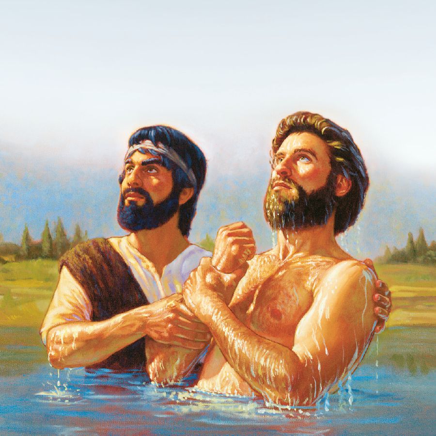 Jesus comes up out of the water after being baptized by John the Baptist