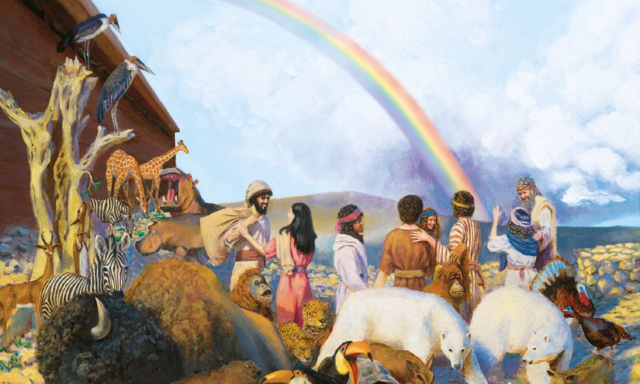 After Noah, his family, and the animals come out of the ark, a rainbow appears in the sky