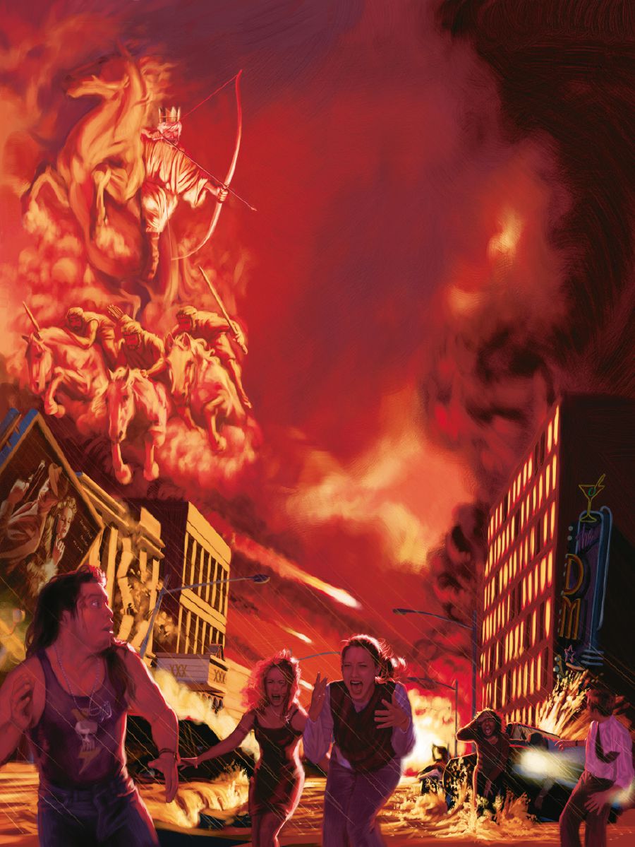 Jesus Christ and his heavenly armies destroy the wicked world at Armageddon