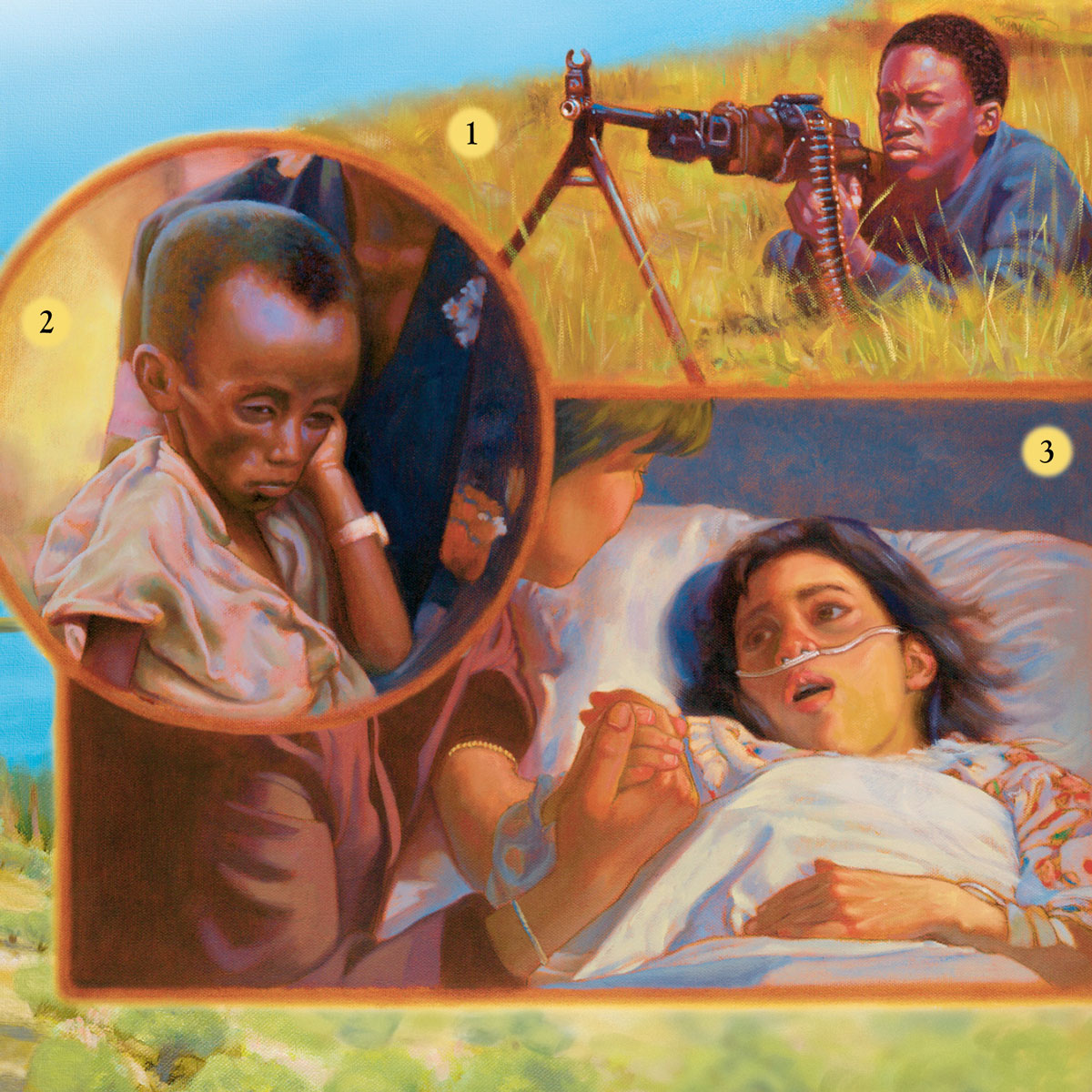 A boy fights in a war, a boy is starving, and a girl is sick in bed