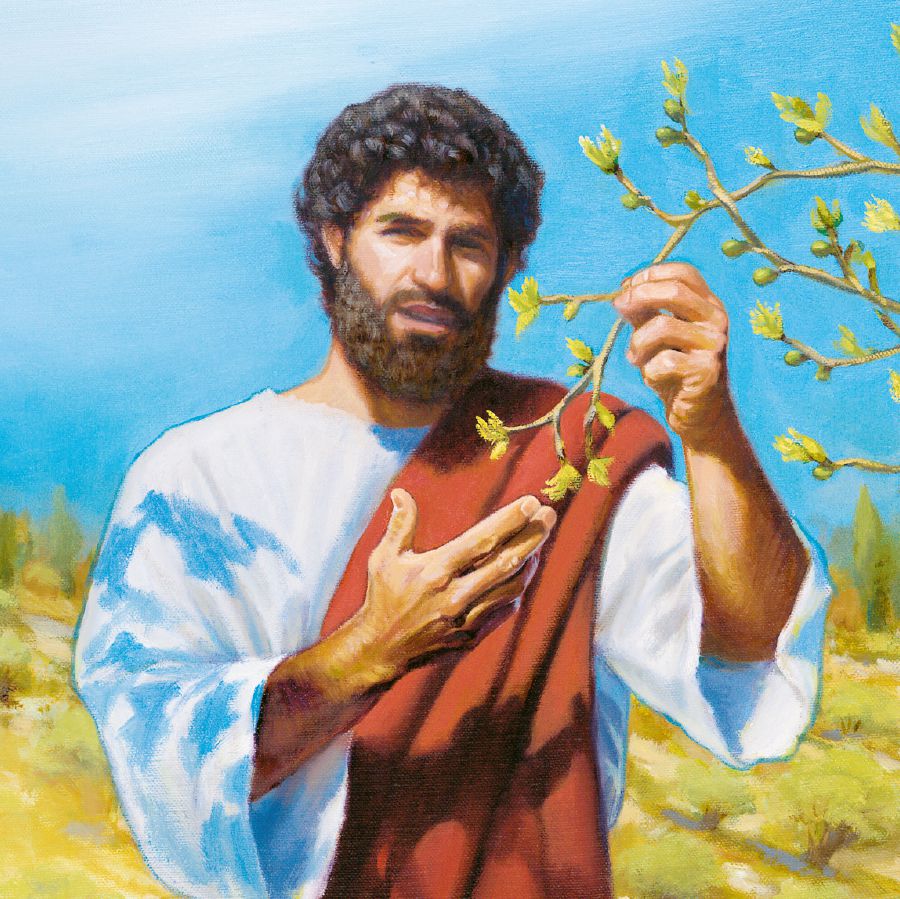 Jesus holds a branch of a budding fig tree