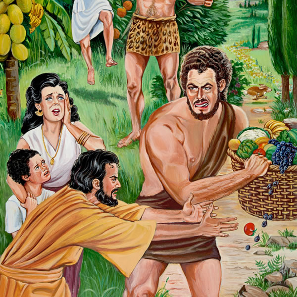 A giant steals food from a family