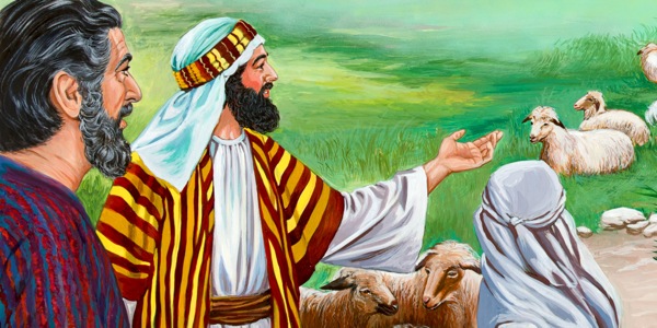Jacob talks to the men of Haran about Laban and his daughter Rachel