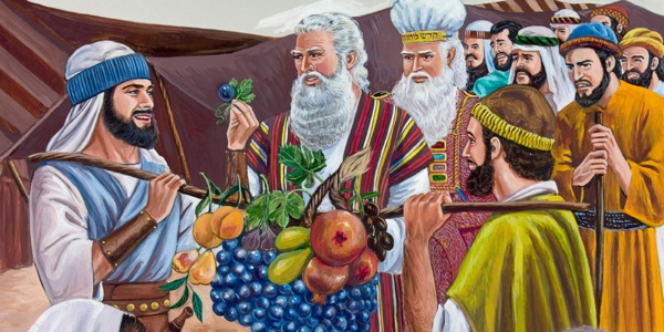 Joshua and Caleb and the other spies showing Moses great fruitage from the land of Canaan