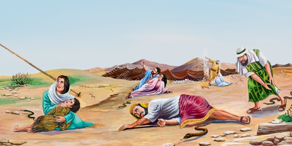 Israelites, bitten by snakes, look up toward Moses’ snake made of copper