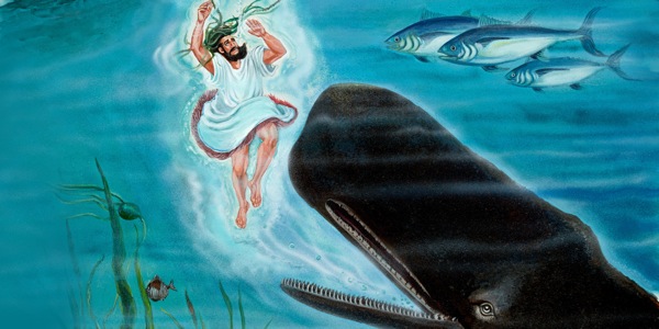 Jonah about to be swallowed by a big fish