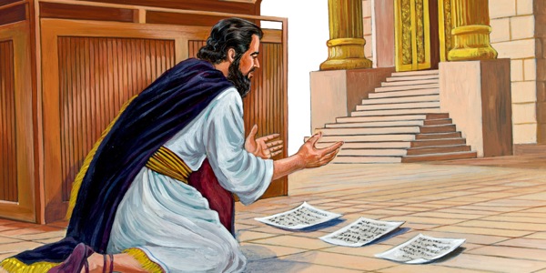 With letters from the king of Assyria spread out in front of Jehovah’s altar, King Hezekiah prays