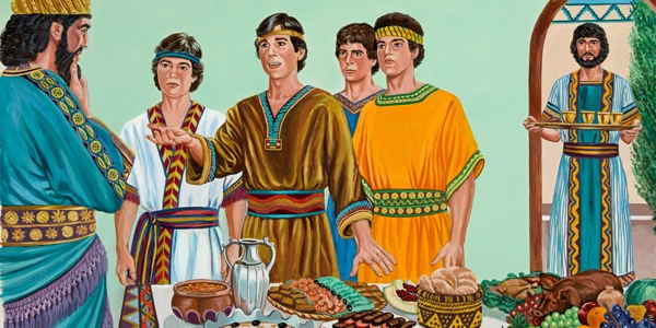 Daniel, Shadrach, Meshach, and Abednego refuse the food and wine of King Nebuchadnezzar