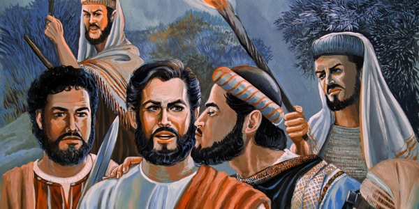 In the Garden of Gethsemane, Judas betrays Jesus with a kiss