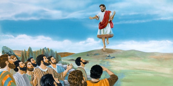 The disciples look on as Jesus ascends to heaven