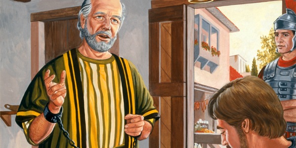 The apostle Paul dictates a letter to Timothy while a Roman soldier is standing guard