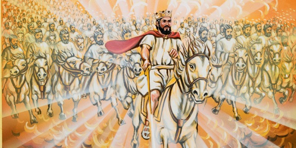 Jesus and his heavenly army on white horses