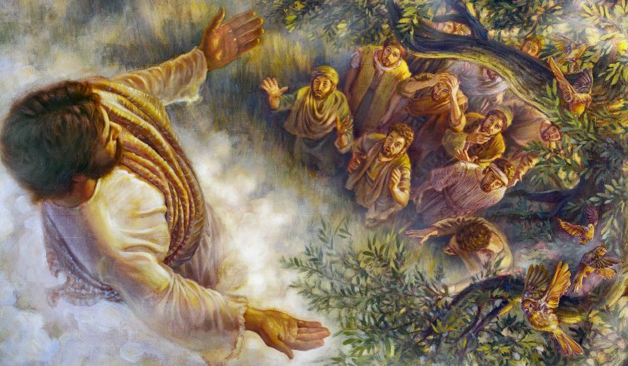 Jesus ascends into the heavens as the apostles gaze after him