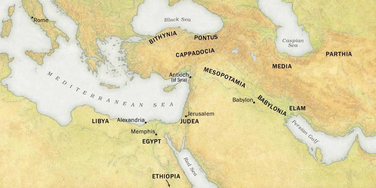 A map of the places where visitors have come from to attend the Festival of Pentecost in Jerusalem