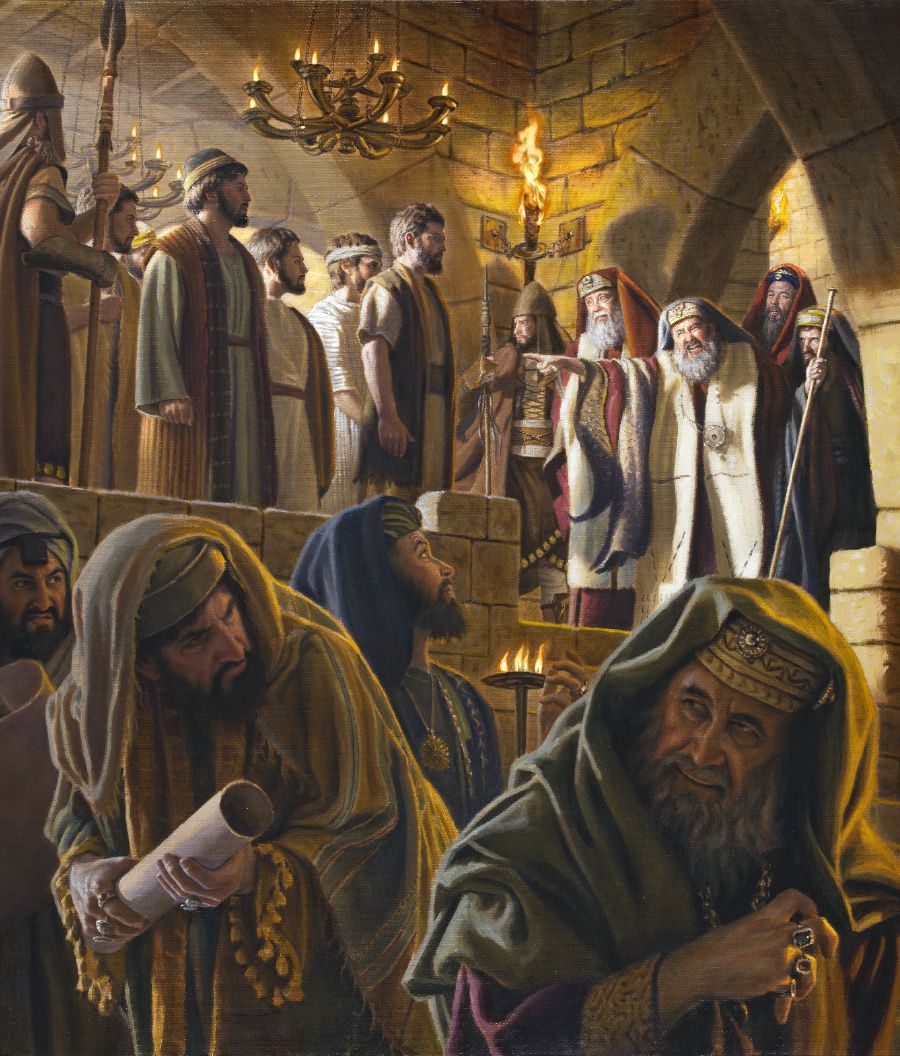 The apostles stand before Caiaphas