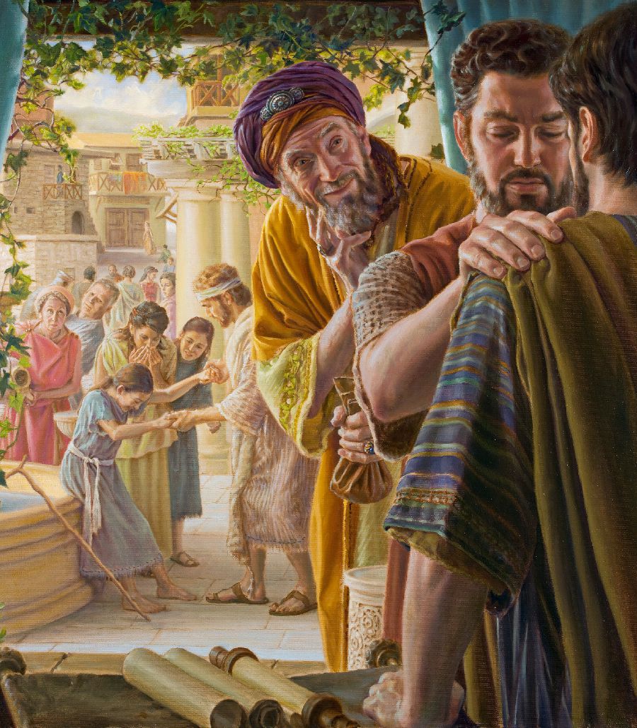 Peter lays his hands on a new disciple; Simon the magician holds a coin purse
